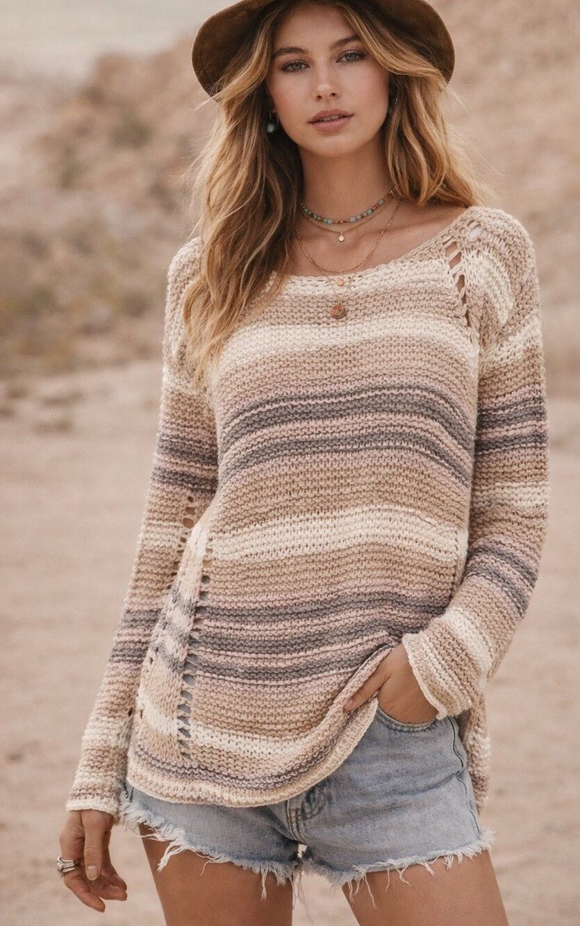 Free People S Striped SWEATER Ribbon Tape Yarn DESERT MOON Brown/cream Boho EUC